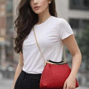 Nwt Valentina Fiore Woven Genuine Leather Crossbody Bag Red Gold Tone Hrdwr